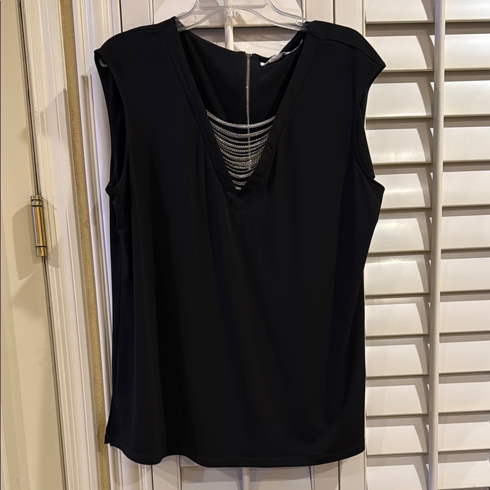 Calvin Klein Black Sleeveless Blouse with Sheer Neckline